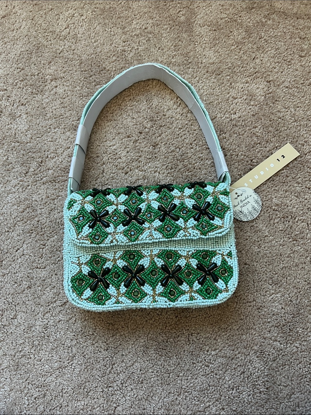 NWT Studio 12 Hand Beaded Green and White Mini Shoulder Bag
